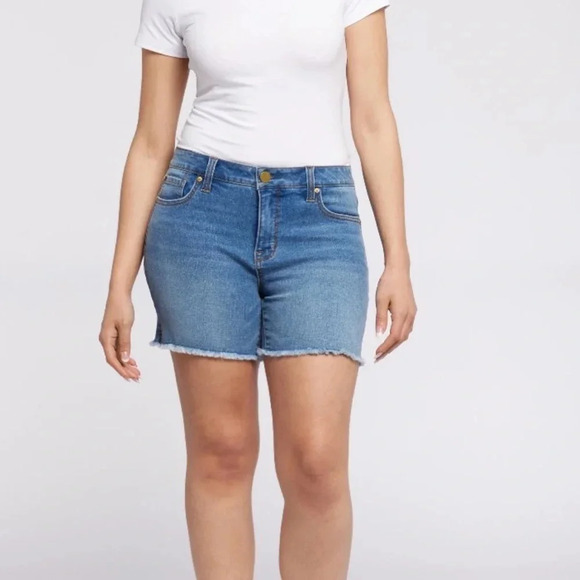 Seven7 Weekend Mid-Rise Frayed Hem Denim Shorts - Picture 1 of 7